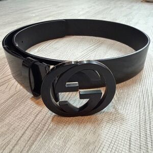 GUCCI belt, black leather, 33-35” holes